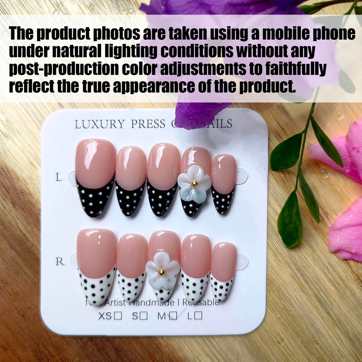 Gleamrain Handmade Almond Press-On Nails – Medium (M), 10-Piece Luxury Floral Design