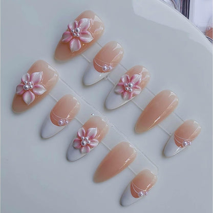 Gleamrain Almond Press-On Nails – Medium Handmade French Tip with Floral Pearl Design (Cherry Blossom Pink) – 10pcs M