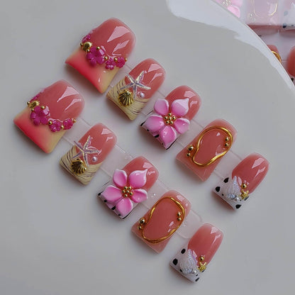 Gleamrain Handmade Acrylic Press-On Nails – Short Duck Shape with Flower & Shell Design, French Tip, 10pcs, Size M (Pattern 1107)