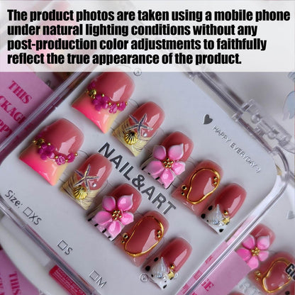Gleamrain Handmade Acrylic Press-On Nails – Short Duck Shape with Flower & Shell Design, French Tip, 10pcs, Size M (Pattern 1107)