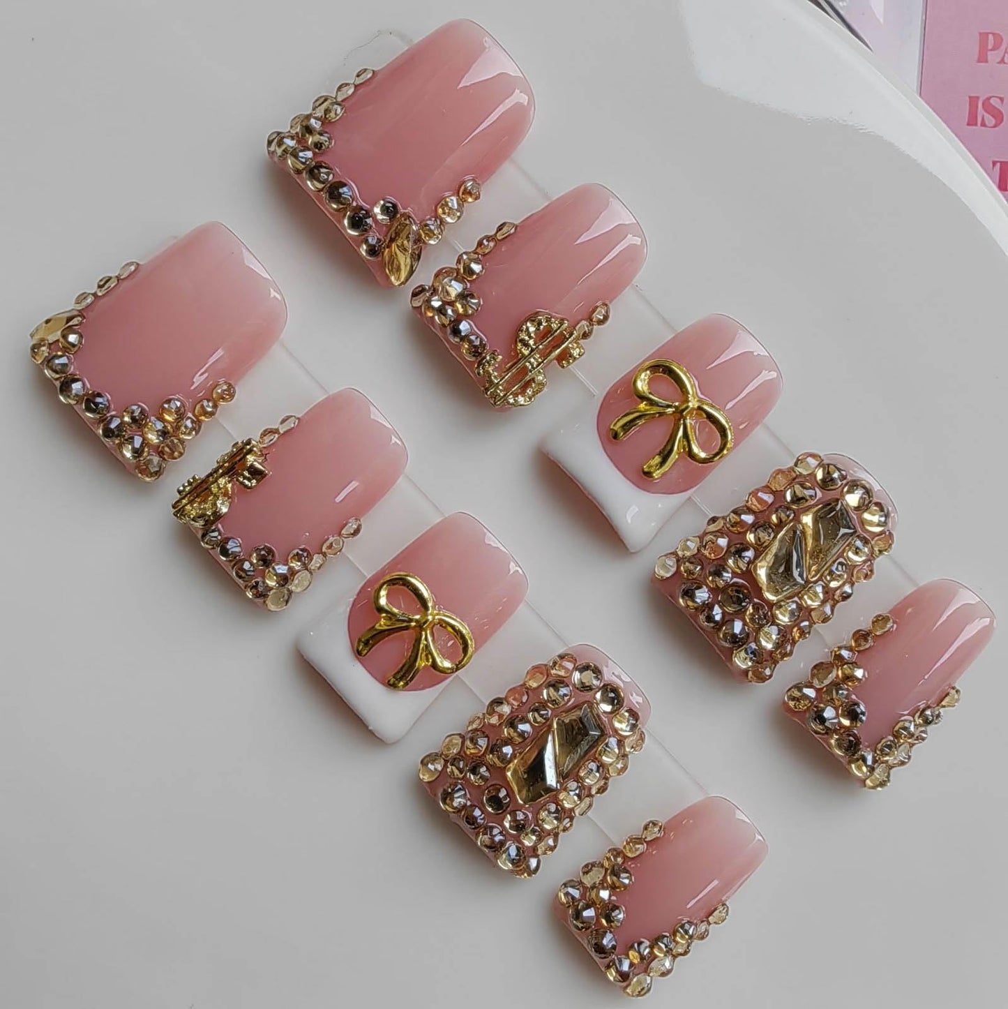 Gleamrain Duck Press-On Nails – Pink Rhinestones & Bow, Handmade 10pcs M (Pattern 1102)