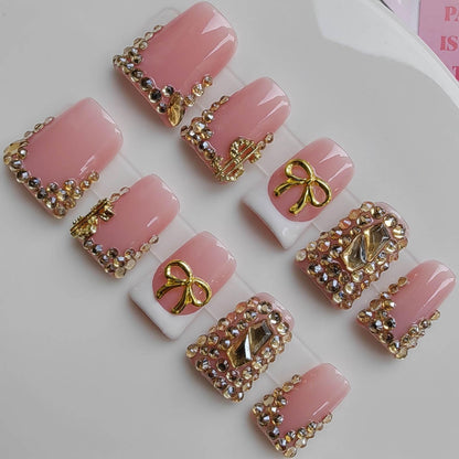 Gleamrain Duck Press-On Nails – Pink Rhinestones & Bow, Handmade 10pcs M (Pattern 1102)