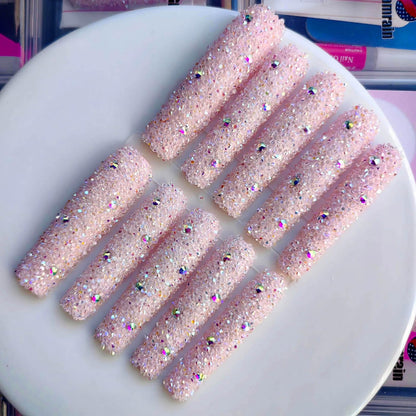 Gleamrain XXL Press-On Nails — Extra Long Square Nails with 3D Floral Pattern & Rhinestones (10pcs, Size M, Pattern 1110)