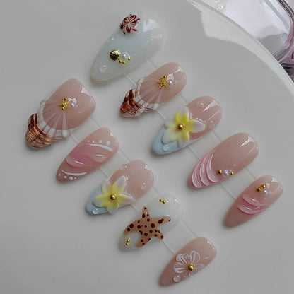 Gleamrain Handmade Almond Medium Press-On Nails – Nude with 3D Flowers & Starfish (10 Pcs)