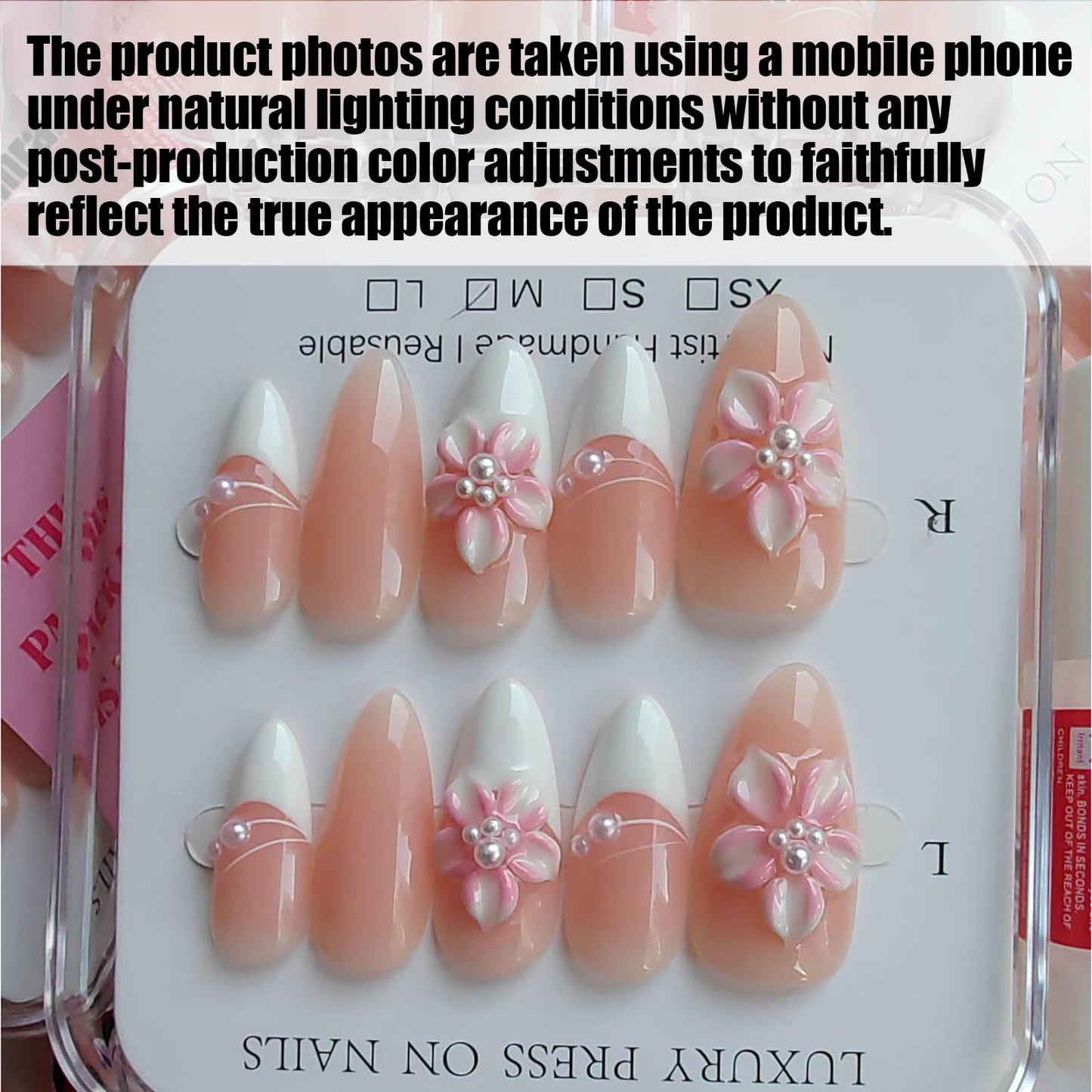 Gleamrain Almond Press-On Nails – Medium Handmade French Tip with Floral Pearl Design (Cherry Blossom Pink) – 10pcs M