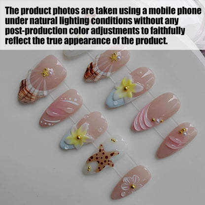 Gleamrain Handmade Almond Medium Press-On Nails – Nude with 3D Flowers & Starfish (10 Pcs)