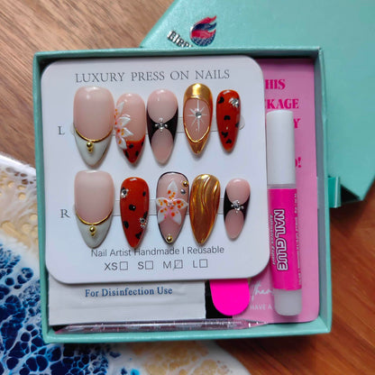 Gleamrain Almond Shape Handmade Nails – Luxury M Size, 10Pcs, P06 Floral Design