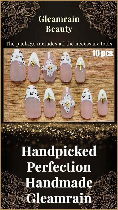 Gleamrain Luxury Handmade Press-On Nails – Almond Shape, M Size, 10Pcs with Floral 3D Design