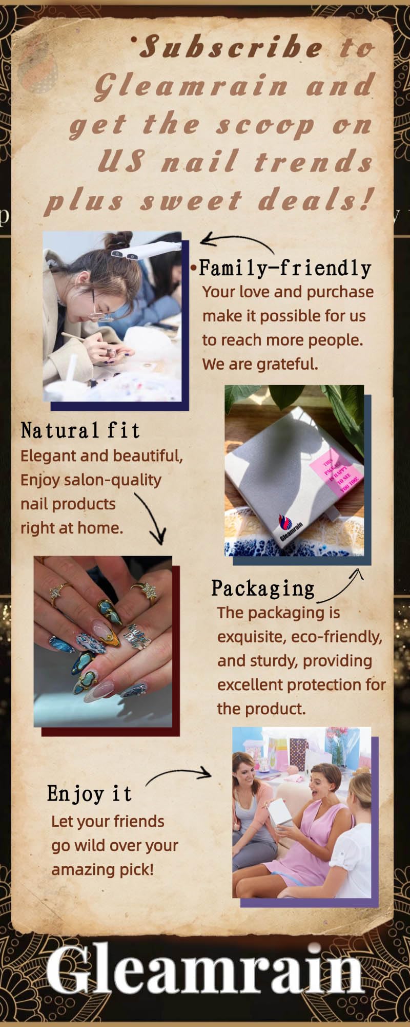 Gleamrain Almond Shape Press-On Nails – 10 Pcs, Medium (M) | Floral Design