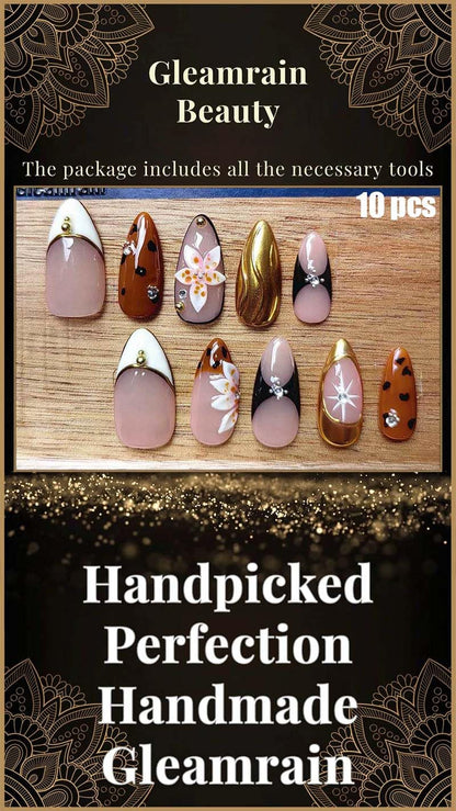Gleamrain Almond Shape Handmade Nails – Luxury M Size, 10Pcs, P06 Floral Design