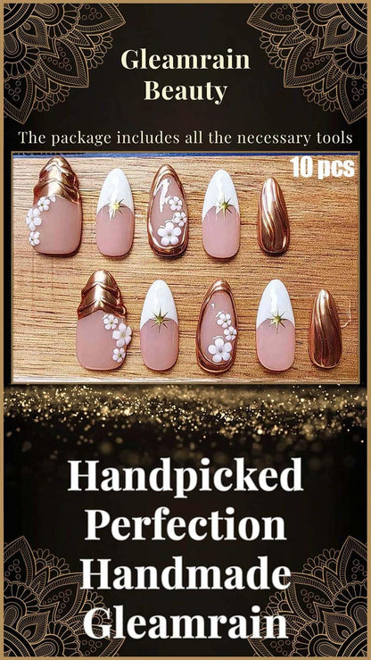 Gleamrain Almond Shape Press-On Nails – 10 Pcs, Medium (M) | Floral Design