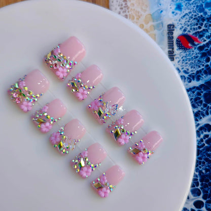 Gleamrain Pink Press-On Nails – Duck Design with 3D Flowers & Rhinestones, 10pcs, Size M