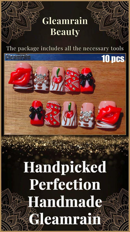 Gleamrain Duck-Shape Press-On Nails – Medium, Rhinestone & Bow Design (10 pcs)