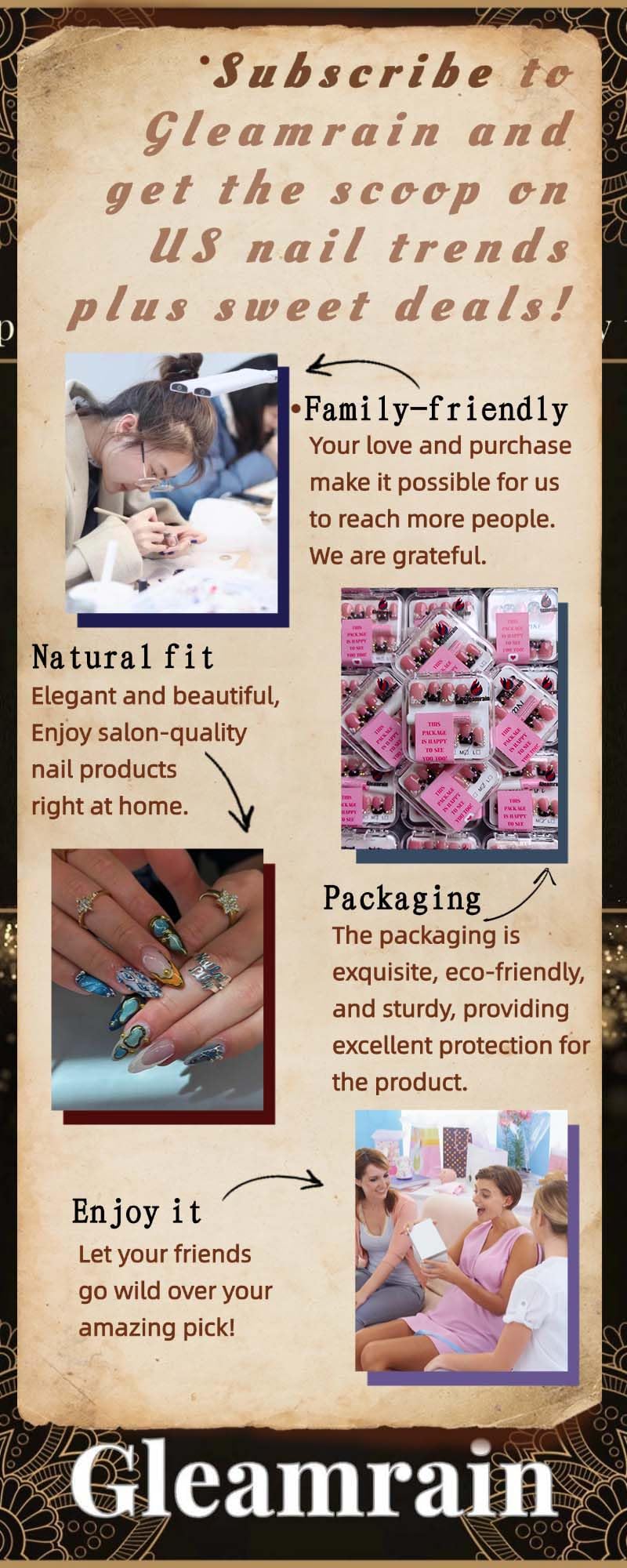 Gleamrain Xxl Press-On Nails Square Magenta – 10pcs M Size Pattern 1111