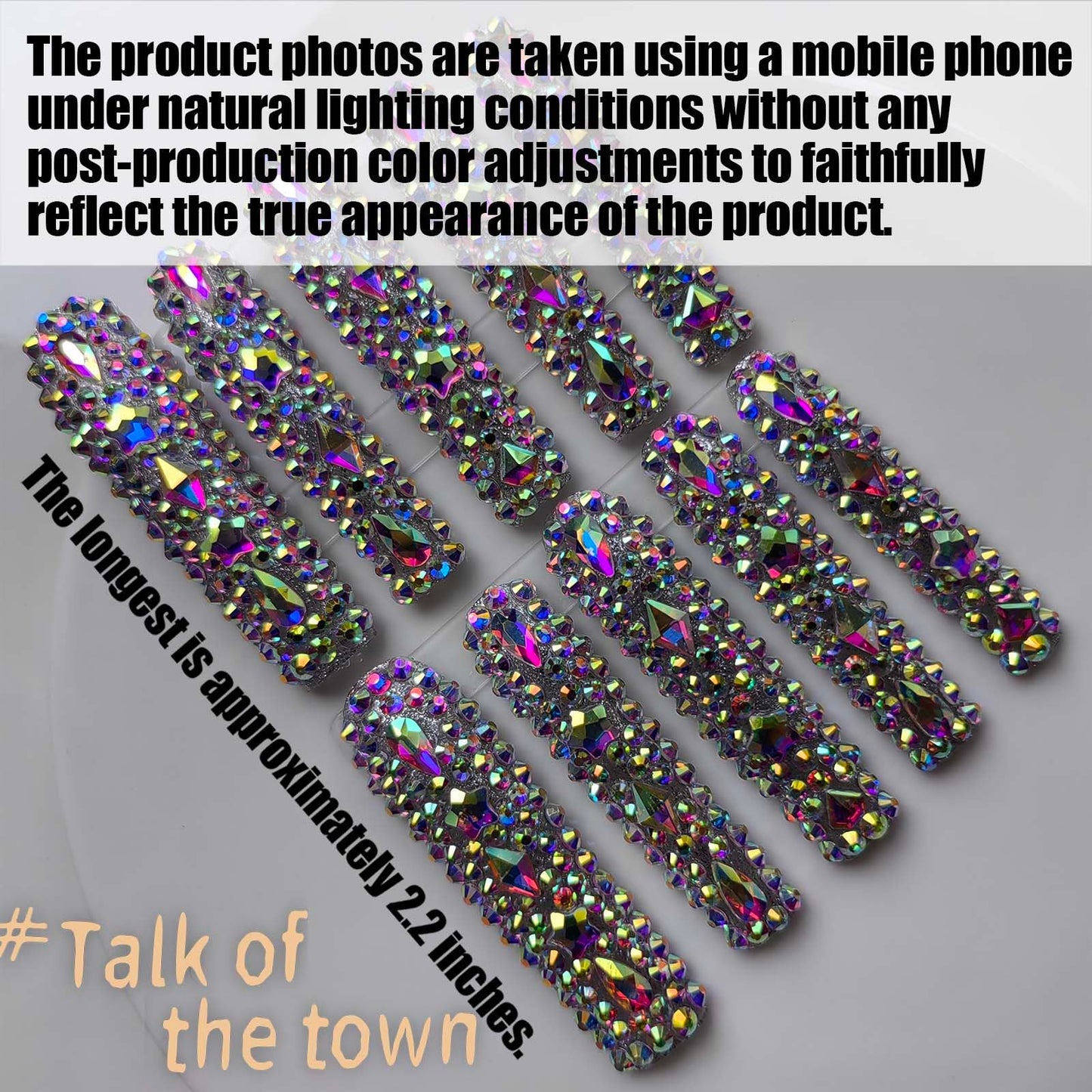 Gleamrain XXL Press-On Nails – Extra Long Square Handmade with Rhinestones, 10pcs, M Size (Pattern 1104)