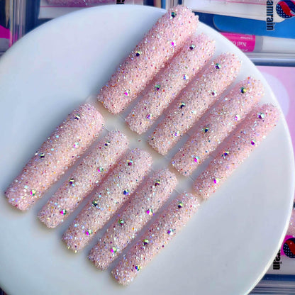 Gleamrain XXL Press-On Nails — Extra Long Square Nails with 3D Floral Pattern & Rhinestones (10pcs, Size M, Pattern 1110)