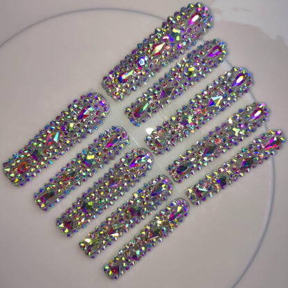 Gleamrain XXL Press-On Nails – Extra Long Square Handmade with Rhinestones, 10pcs, M Size (Pattern 1104)