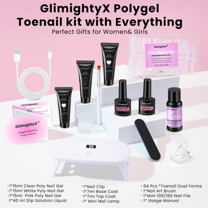 GlimightyX Poly Gel Toenail Kit with UV Lamp – 3 Colors, Dual Forms, DIY Pedicure