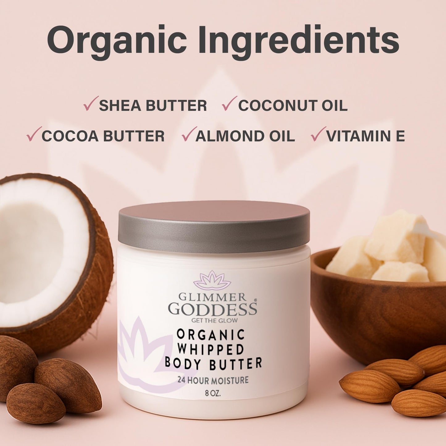 Glimmer Goddess Organic Whipped Body Butter – Shea & Cocoa with Almonds & Coconut Oil, Strawberries & Cream, 8oz