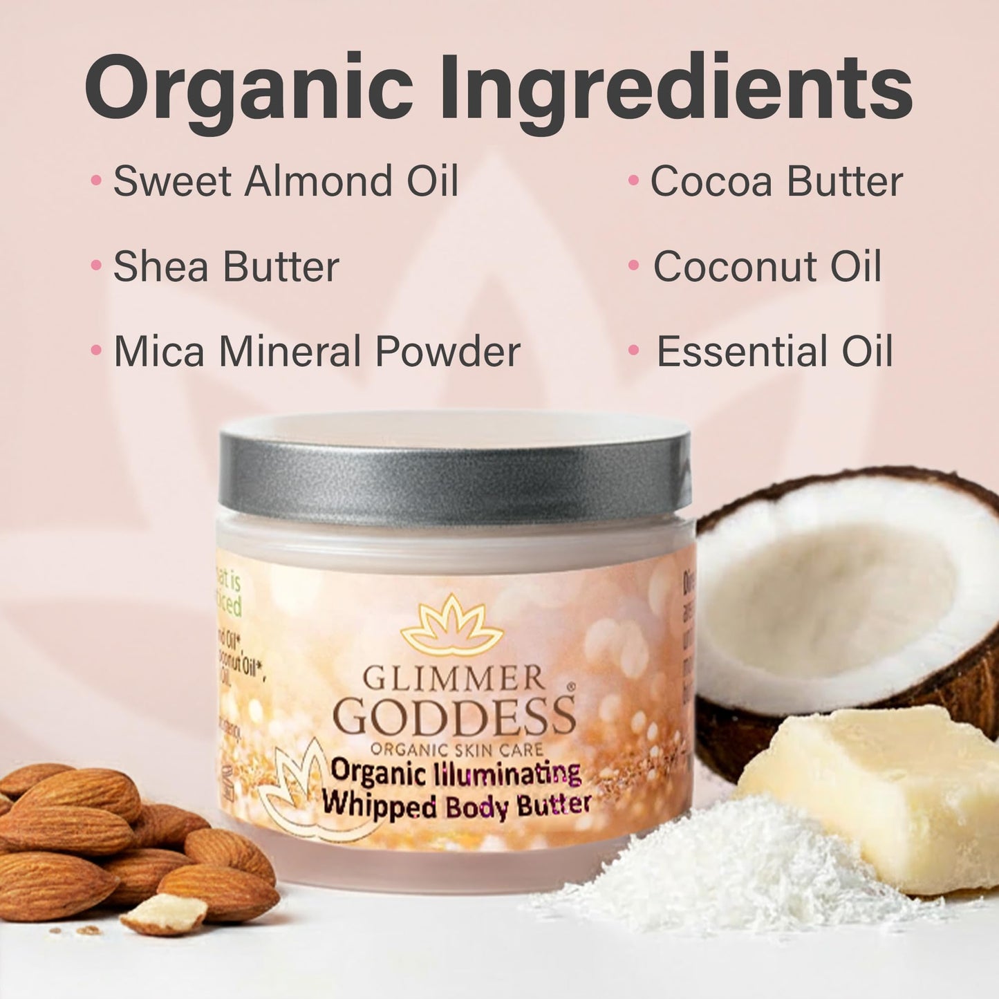 Glimmer Goddess Shimmer Body Butter – Organic Whipped Shea Hydration & Silky Glow, Diamond Sexy, 4 oz