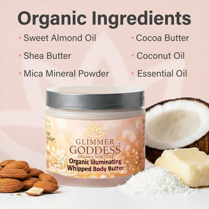 Glimmer Goddess Shimmer Body Butter – Organic Whipped Shea Hydration & Silky Glow, Diamond Sexy, 4 oz