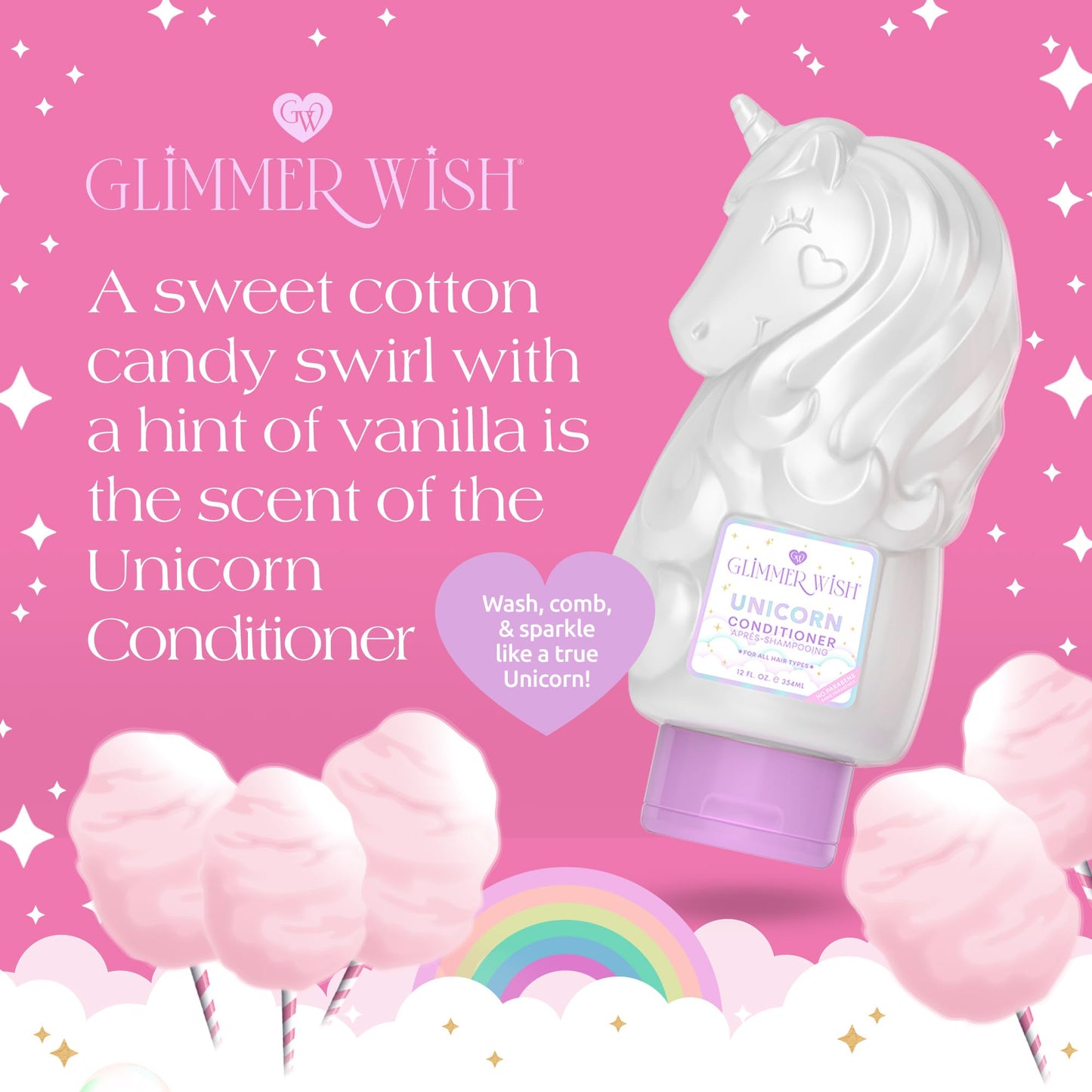 Glimmer Wish Unicorn Kids Conditioner – Paraben & Sulfate Free, Cotton Candy Scent, 12 Fl Oz