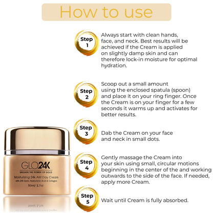GLO24K Moisturizing 24k Gold Day & Night Creams — Hydration Duo with Hyaluronic Acid, Collagen, Retinol