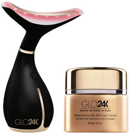 GLO24K Neck & Face LED Beauty Massager + 24k Moisturizing Day Cream | At-Home Spa Duo