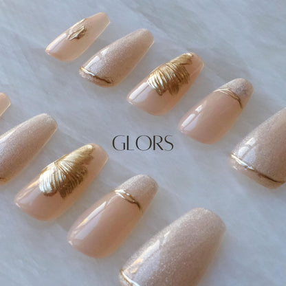 GLORS Press On Nails - Long Ballerina Nude Pink with Gold Accents - 10 Pieces (XS/LB)