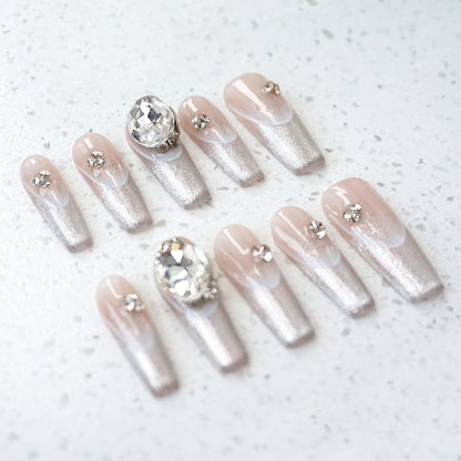 GLORS Press On Nails – Long Ballerina Coffin, Silver Glitter French Tips with 3D Rhinestones (10 Pieces)