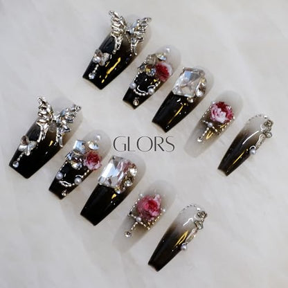 GLORS Handmade Press-On Nails - Long Coffin with 3D Butterfly & Rose, 10-Piece Set (XS, LC)