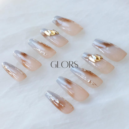 GLORS Ombre Press On Nails — Long Ballerina Nude to Gray with Gold Accent | 10-Piece Handcrafted Set