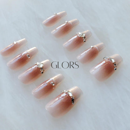 GLORS Long Ballerina Press-On Nails – Pink French with Rhinestones (Small LB)