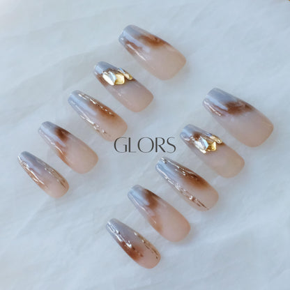 GLORS Ombre Press On Nails - Long Ballerina Nude to Gray with Gold Accent | 10-Piece Set (Small LB)