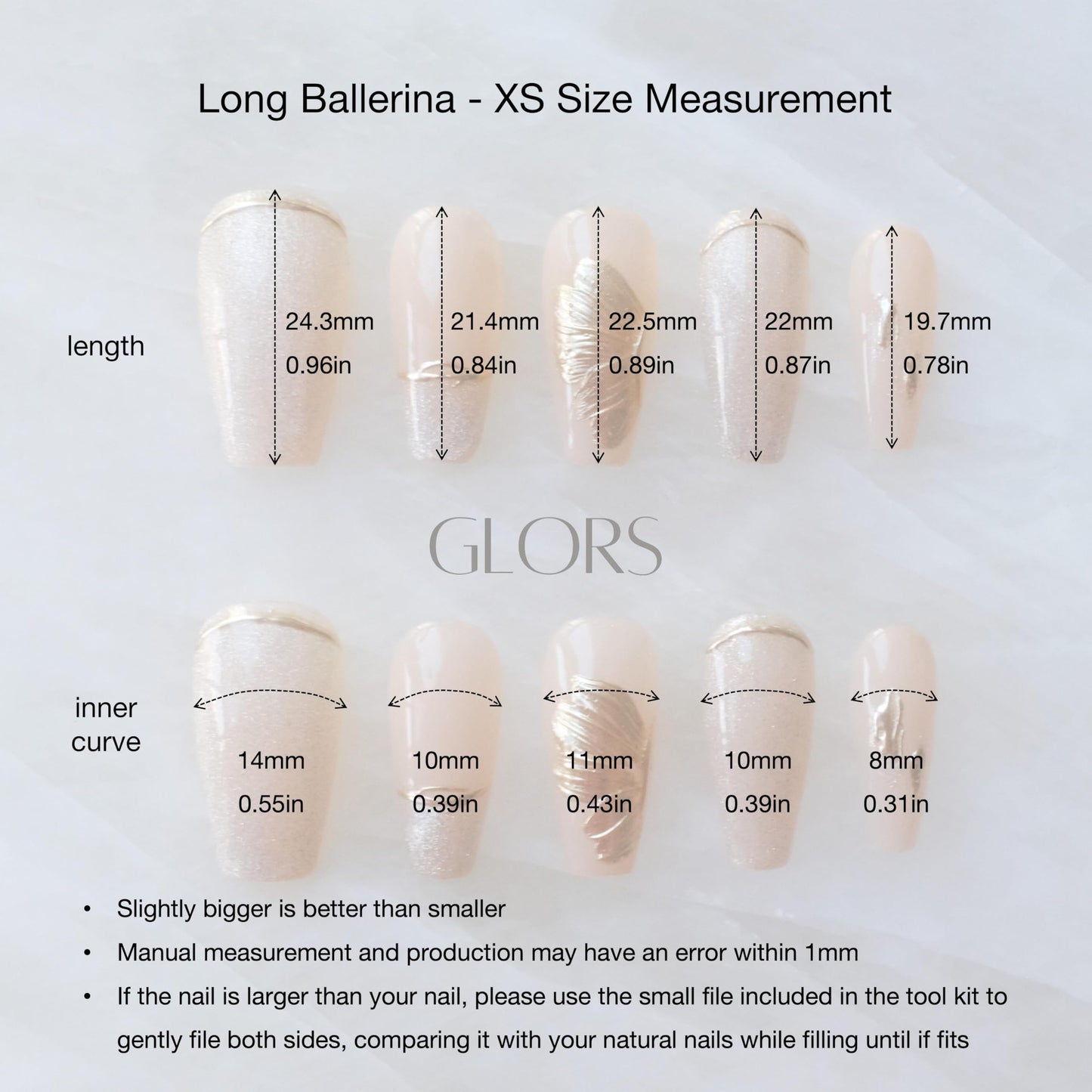 GLORS Press On Nails - Long Ballerina Nude Pink with Gold Accents - 10 Pieces (XS/LB)