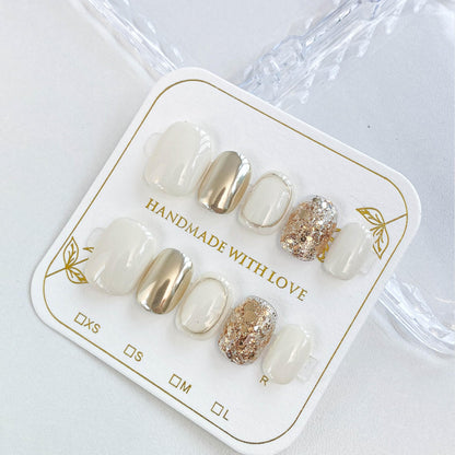 GLORS Purely Handmade Press On Nails | Beige Gold Glitter, Short Square, 10 pcs