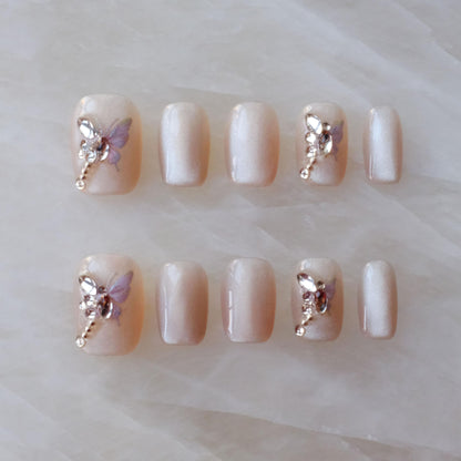 GLORS Purely Handmade Short Press On Nails – Butterfly Cat-Eye Art, 10pcs