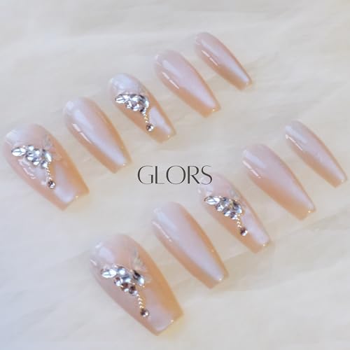 GLORS Press On Nails – Long Ballerina Coffin Nude Pink with Butterfly Rhinestones | 10 Pieces (Small, LB)