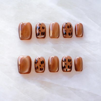 [GLORS] Caramel Leopard Glitter Cat Eye False Nail Press-Ons - Premium Fall Winter Style, Short Square Shape, 10 Pieces (XS, SS)