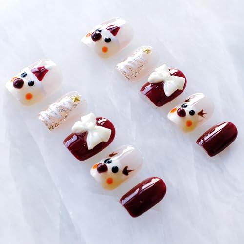 GLORS Christmas Press-on Nails - Short Square Festive Design with Reindeer & Bow, 10 Pieces (Large, SS)