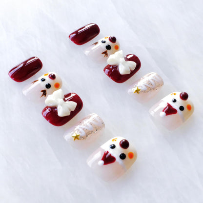 GLORS Christmas Press-on Nails - Short Square Festive Design with Reindeer & Bow, 10 Pieces (Large, SS)