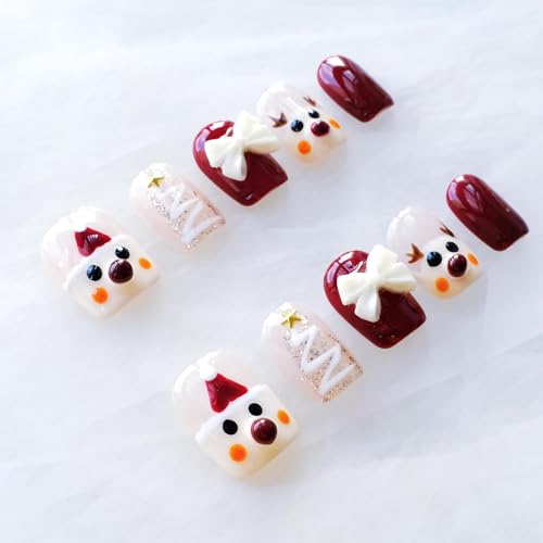 GLORS Christmas Press-on Nails - Short Square Festive Design with Reindeer & Bow, 10 Pieces (Large, SS)