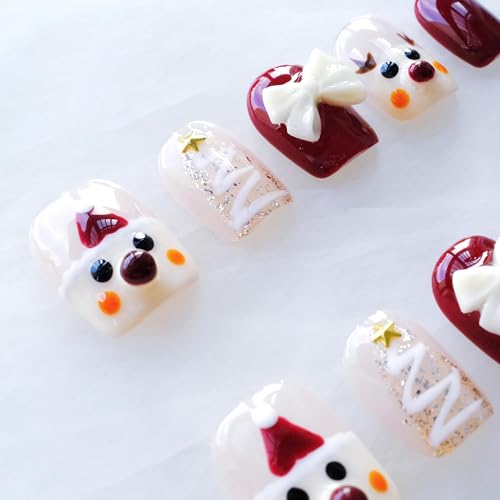 GLORS Christmas Press-on Nails - Short Square Festive Design with Reindeer & Bow, 10 Pieces (Large, SS)