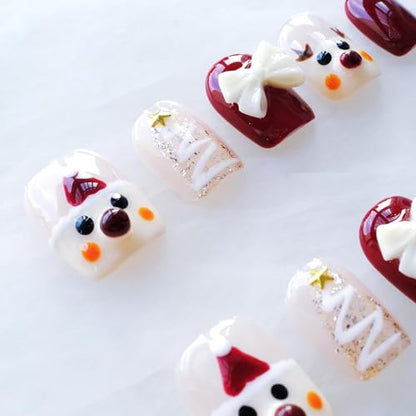 GLORS Christmas Press-on Nails - Short Square Festive Design with Reindeer & Bow, 10 Pieces (Large, SS)