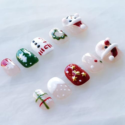 GLORS Christmas Press-On Nails – Short Square 3D Festive Design (Santa & Snowman) – 10 Pieces
