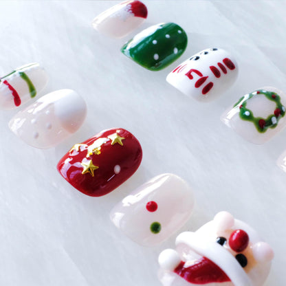 GLORS Christmas Press-On Nails – Short Square 3D Festive Set with Santa & Snowman (10 Pieces, XS/SS)