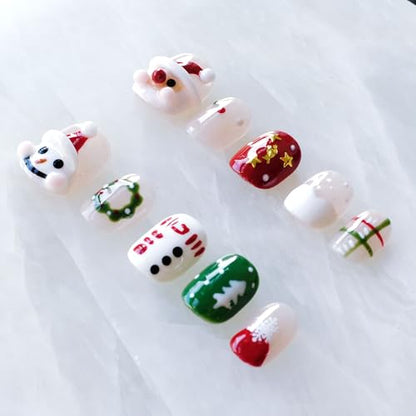 GLORS Christmas Press-On Nails – Short Square 3D Santa & Snowman Set (10 Pieces)