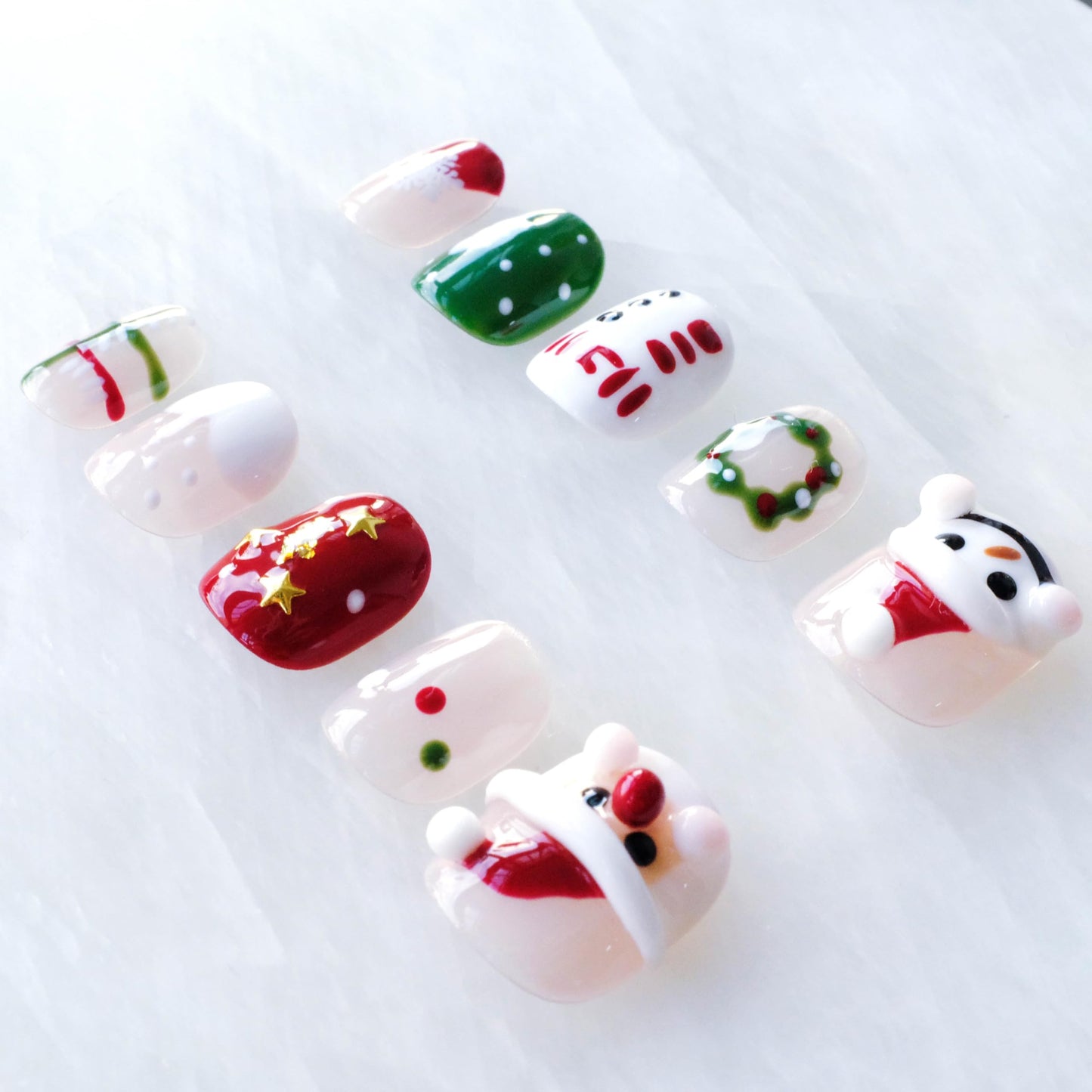GLORS Christmas Press-On Nails – Short Square 3D Santa & Snowman Set (10 Pieces)