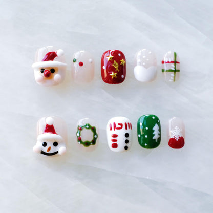 GLORS Christmas Press-On Nails – Short Square 3D Festive Set with Santa & Snowman (10 Pieces, XS/SS)