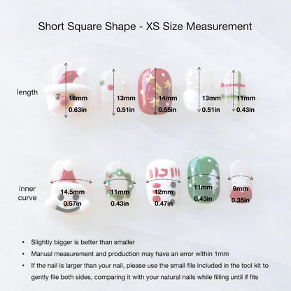 GLORS Christmas Press-On Nails – Short Square 3D Festive Set with Santa & Snowman (10 Pieces, XS/SS)